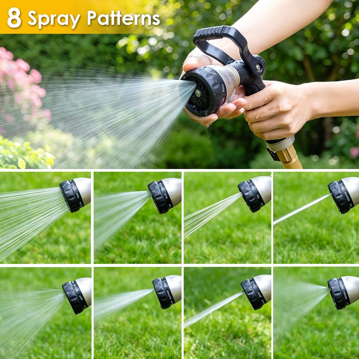 Fireman Style Water Hose Nozzle Heavy Duty Metal, 8 Spray Patterns