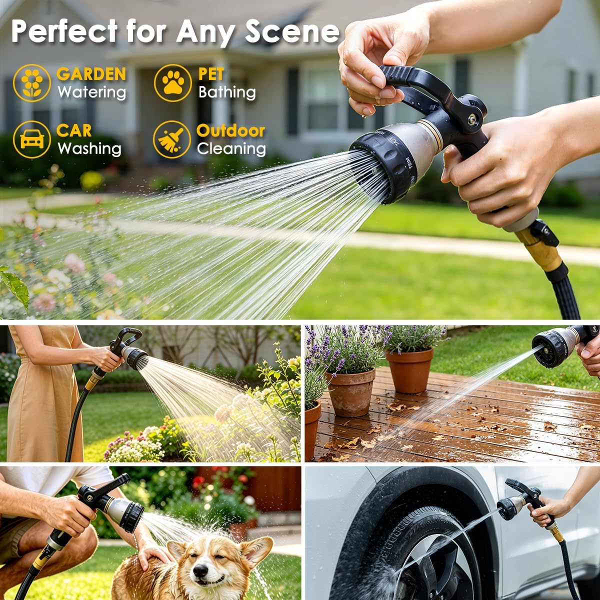 Fireman Style Water Hose Nozzle Heavy Duty Metal, 8 Spray Patterns