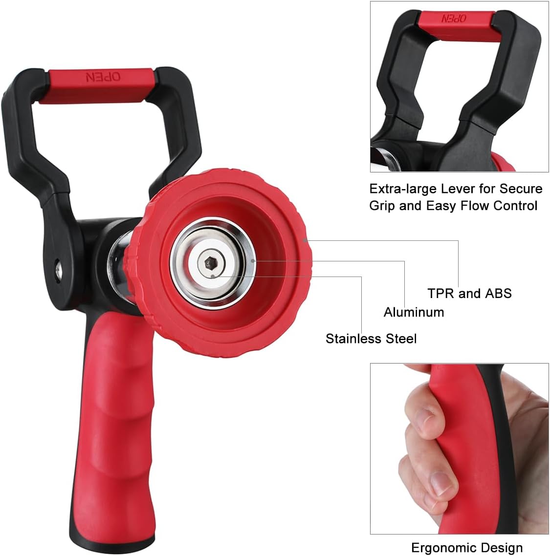 Fireman Style Water Hose Nozzle Heavy Duty Metal, 8 Spray Patterns