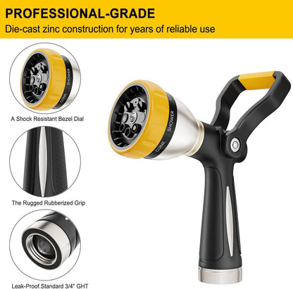 Fireman Style Water Hose Nozzle Heavy Duty Metal, 8 Spray Patterns