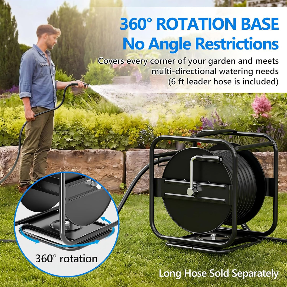 Metal Garden Hose Reel, 360° Rotation Frame, 75-100 FT, Black