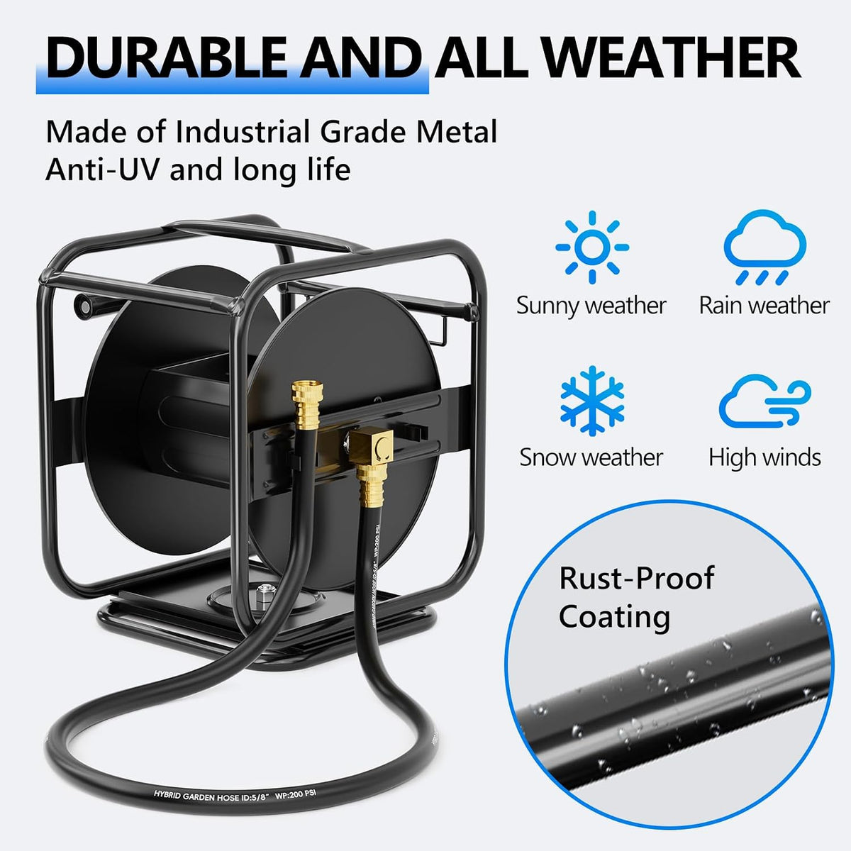 Metal Garden Hose Reel, 360° Rotation Frame, 75-100 FT, Black
