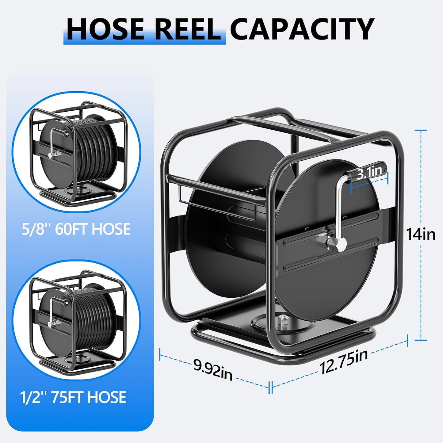 Metal Garden Hose Reel, 360° Rotation Frame, 75-100 FT, Black