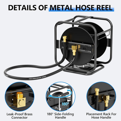 Metal Garden Hose Reel, 360° Rotation Frame, 75-100 FT, Black