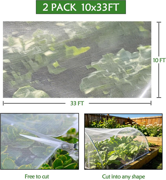 Garden Netting 2 Pack 10x33ft - Ultra Fine Mesh Pest Barrier, Bird & Insect Plant Cover for Vegetables, Fruits, Flowers, Crops, Greenhouses, Raised Flower Beds