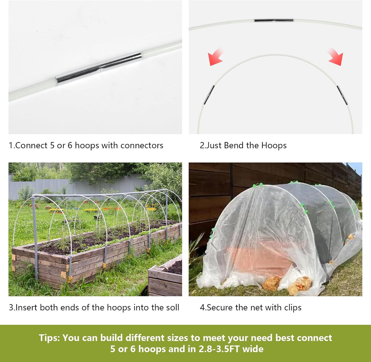 30Pcs Garden Hoop for Raised Beds, 6 Sets of 7FT Long DIY Greenhouse Hoops Grow Tunnel Fiberglass Plant Support Hoops Frame Rust-Free Garden Stakes for Netting Shade Cloth Row Cover Garden Supplies