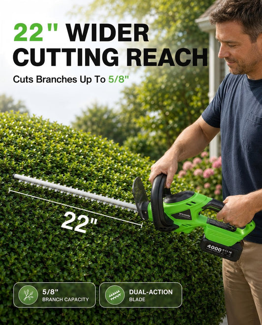 Hedge Trimmer Cordless 22", 20V Electric Bush Trimmer, 2 Batteries
