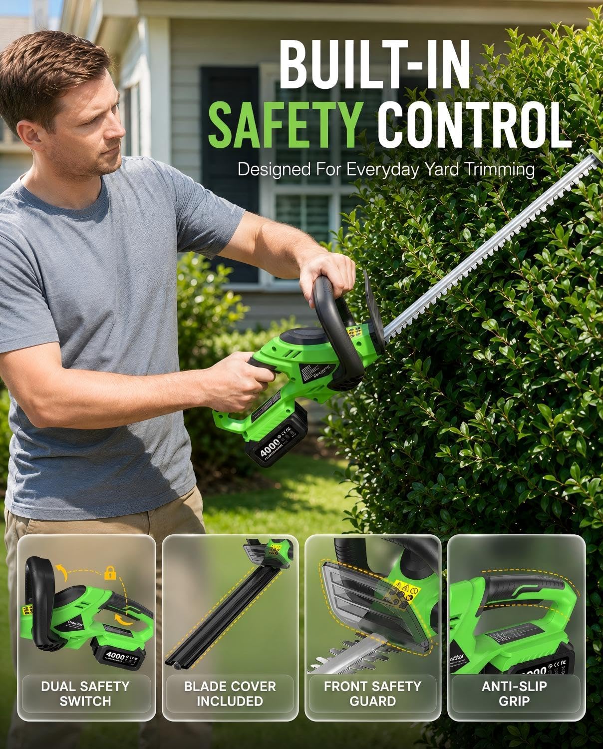 Hedge Trimmer Cordless 22", 20V Electric Bush Trimmer, 2 Batteries
