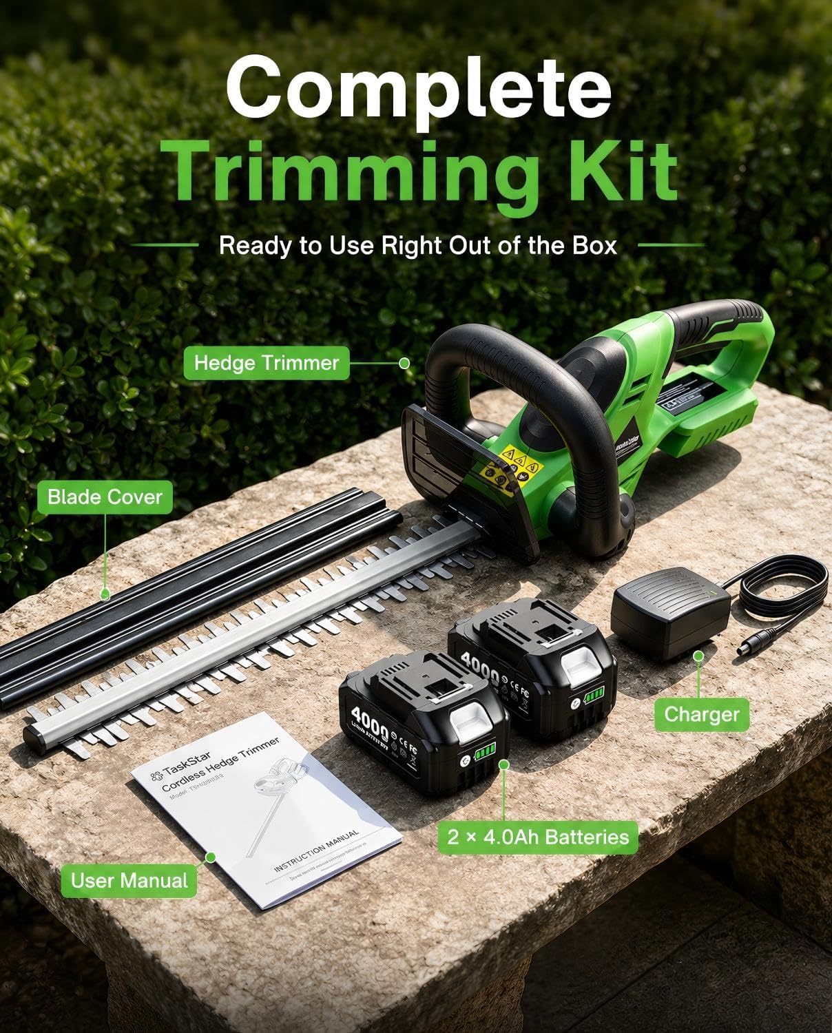 Hedge Trimmer Cordless 22", 20V Electric Bush Trimmer, 2 Batteries