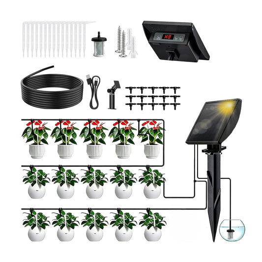 49FT Solar Drip Irrigation System, Automatic Watering Irrigation Kit for 15 Potted Plants, Auto DIY Watering System Plant Water Devices with Timer for Greenhouse Balcony Indoor Outdoor