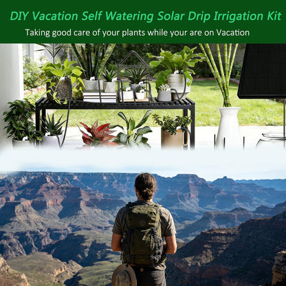 49FT Solar Drip Irrigation System, Automatic Watering Irrigation Kit for 15 Potted Plants, Auto DIY Watering System Plant Water Devices with Timer for Greenhouse Balcony Indoor Outdoor