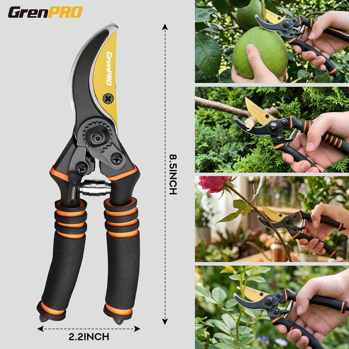 Heavy Duty Bypass Pruning Shears, 8.6", 1.38" Capacity, Orange