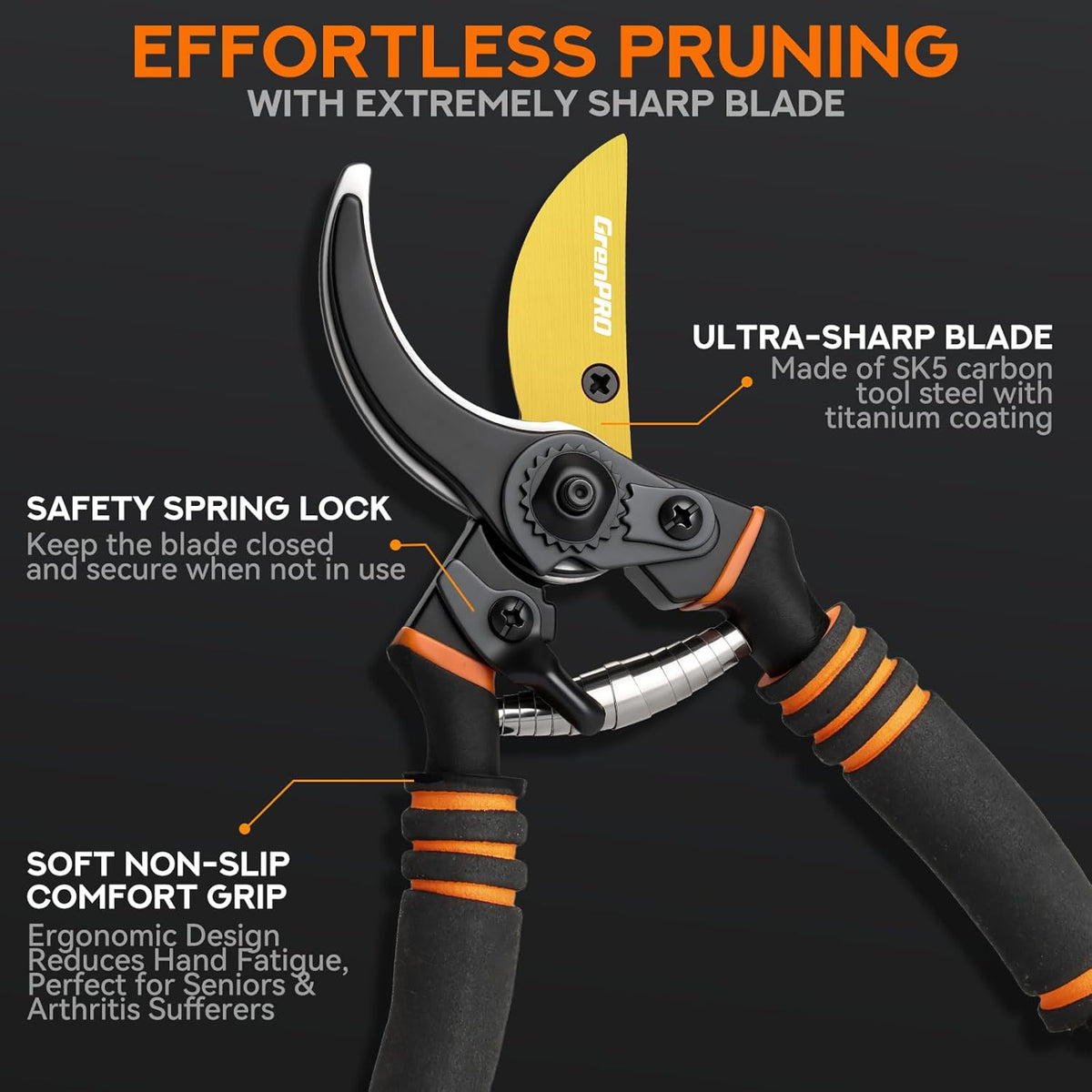 Heavy Duty Bypass Pruning Shears, 8.6", 1.38" Capacity, Orange