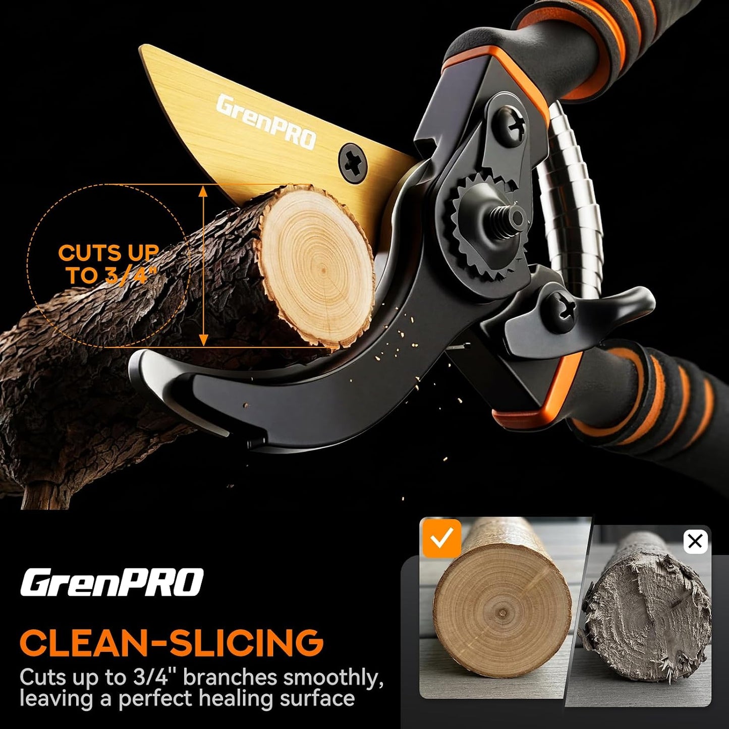 Heavy Duty Bypass Pruning Shears, 8.6", 1.38" Capacity, Orange