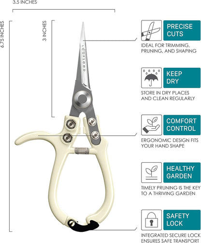 Plant Pruning Shears Garden Trimming Scissors Precision Hand Pruner Herb Snips Flower Clippers Bonsai Trimmers Straight Sharp Blade Tapered Tip Ergonomic Handle Garden Tools (Classic Cream)