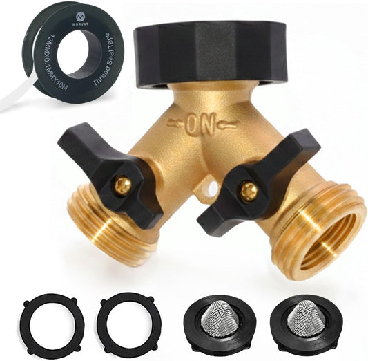 Heavy Duty Garden Hose Splitter Brass Connector with Comfortable Rubber Grip ON/OFF Two Valves, Y Splitter for Outlet, Water Tap & Spigot, Includes 2 Washers, 2 Filter Washers & Teflon Tape