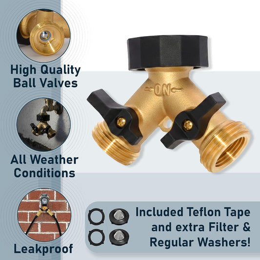Heavy Duty Garden Hose Splitter Brass Connector with Comfortable Rubber Grip ON/OFF Two Valves, Y Splitter for Outlet, Water Tap & Spigot, Includes 2 Washers, 2 Filter Washers & Teflon Tape