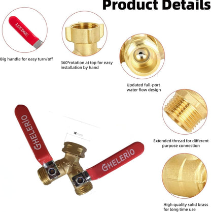 Hose Splitter 2 Way Heavy Duty Brass Garden Hose Splitter with 304 Stainless Steel Long Handle Outdoor Full Flow Hose Splitter Connector,Y Valve 3/4