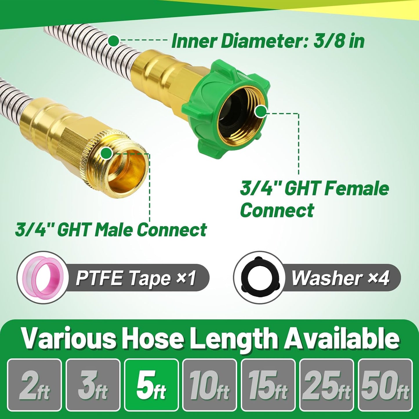 5ft Short Metal Garden Hose with Male to Female Connector