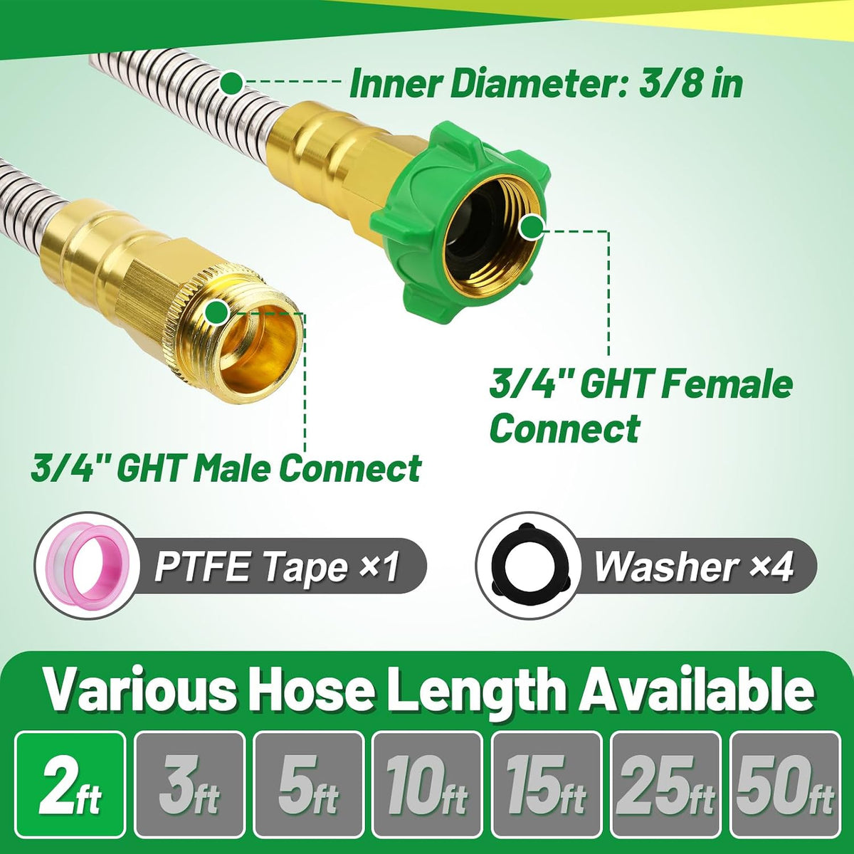 5ft Short Metal Garden Hose with Male to Female Connector