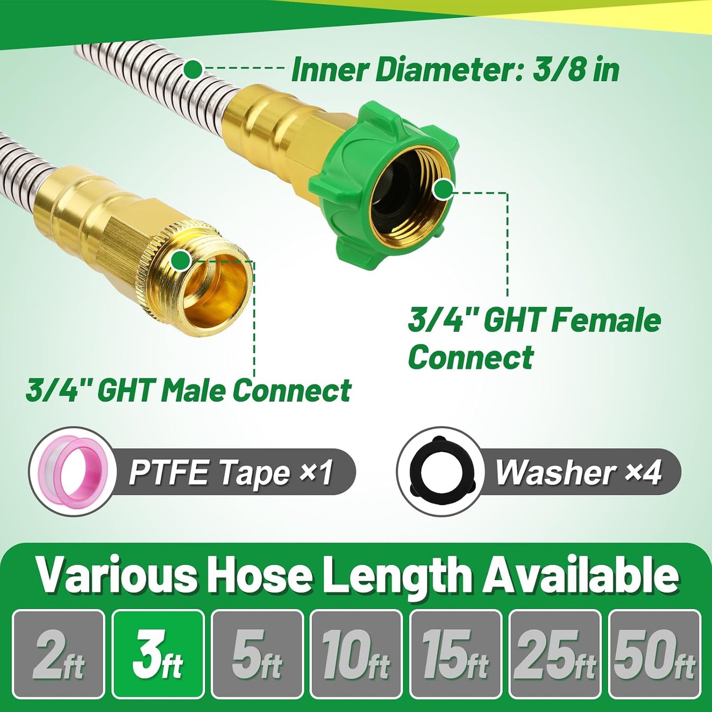 5ft Short Metal Garden Hose with Male to Female Connector