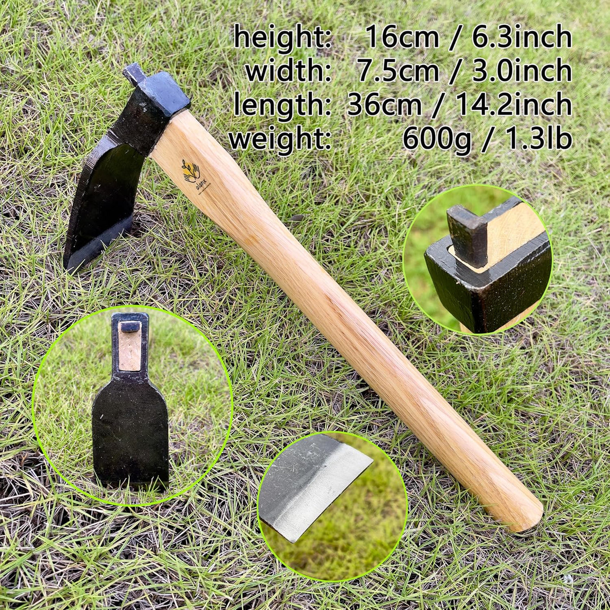 14 Inch Heavy Duty Wide Hoe, Japanese Carbon Steel with Oak Wooden Handle, Without Welding, Garden Tool for Digging, Weeding, and Planting