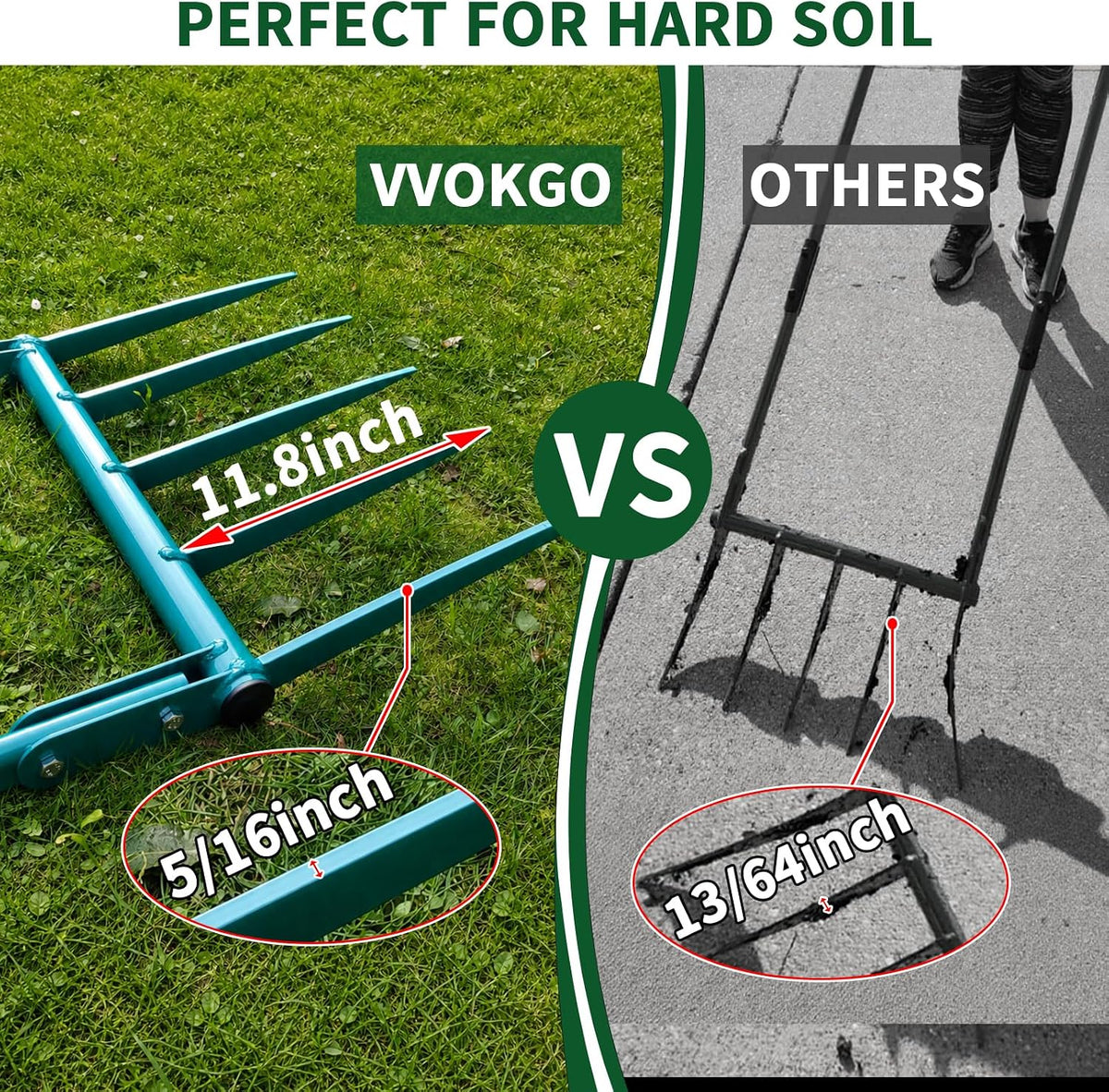 Broadfork Garden Tool with 11.8" Long Tines, 5-Tine Broad Fork for Gardening Heavy Duty, Unbreakable Garden Fork & Hand Tiller for Farm Digging, Crushing, Aerating Soil