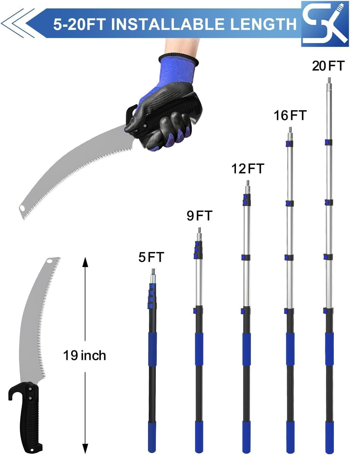 26FT Reach Pole Saws for Tree Trimming, Manual Pruning Pole Saw with 5-20FT Telescoping Extension Pole, Tree Pruner Tree Trimmer with 19" 3X Detachable Saw for Yard Garden Trees Palms Shrubs
