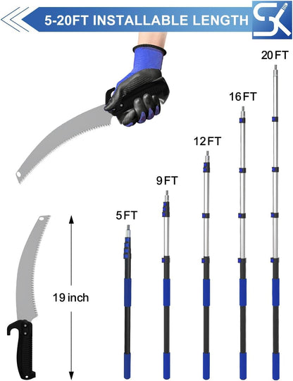 26FT Reach Pole Saws for Tree Trimming, Manual Pruning Pole Saw with 5-20FT Telescoping Extension Pole, Tree Pruner Tree Trimmer with 19" 3X Detachable Saw for Yard Garden Trees Palms Shrubs