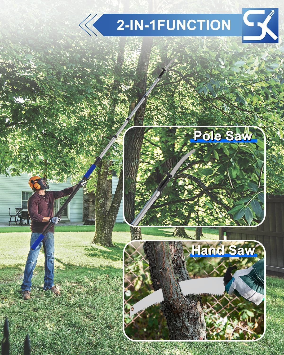 26FT Reach Pole Saws for Tree Trimming, Manual Pruning Pole Saw with 5-20FT Telescoping Extension Pole, Tree Pruner Tree Trimmer with 19" 3X Detachable Saw for Yard Garden Trees Palms Shrubs