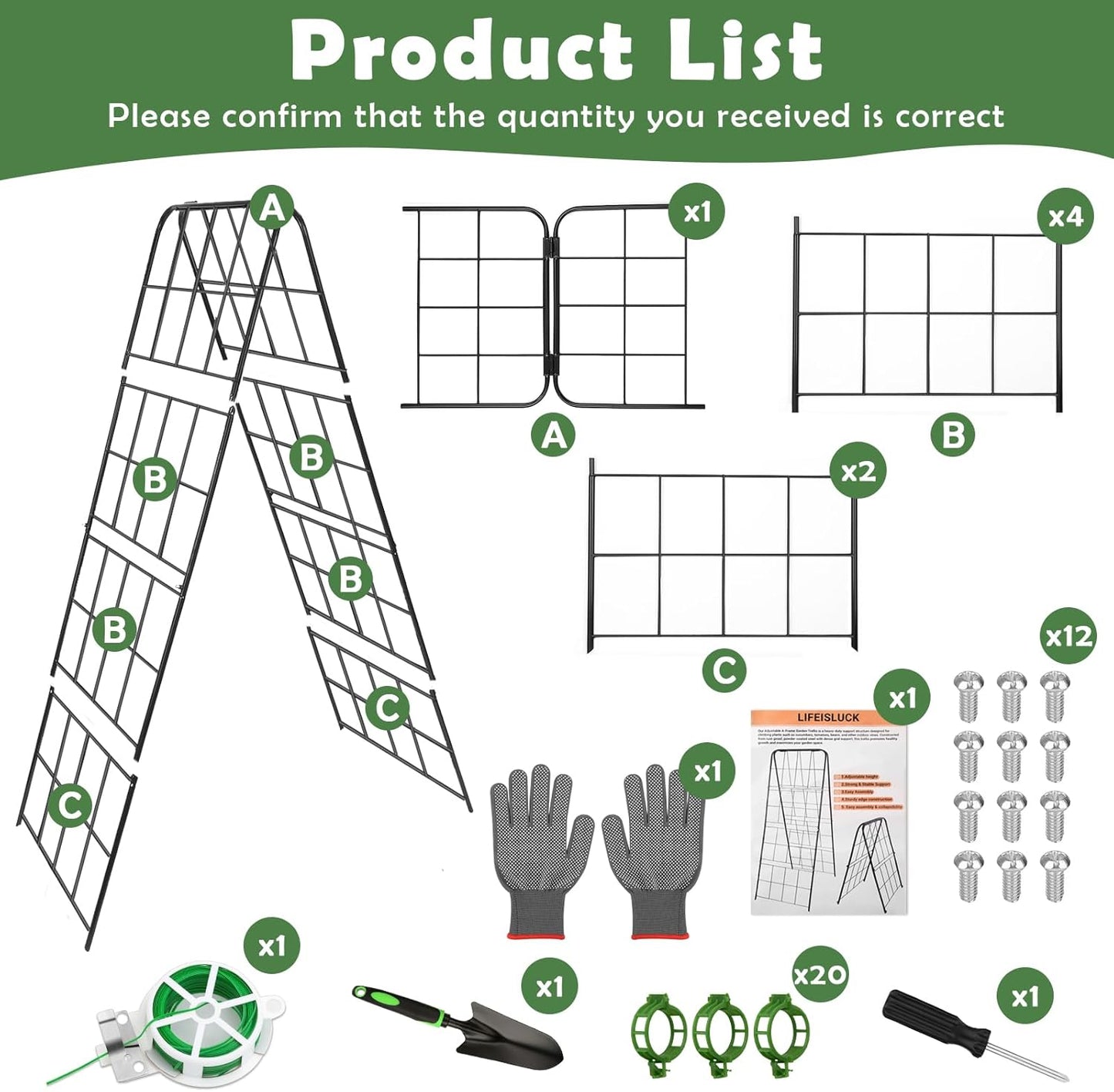 Cucumber Trellis 43.3’’x15.7’’ with Twist Tie and Clips, A-Frame Garden Trellis for Climbing Plants Heavy Duty Metal Plant Support for Cucumber, Grape, Tomato, Pea, Bean, Flower, Raised Bed
