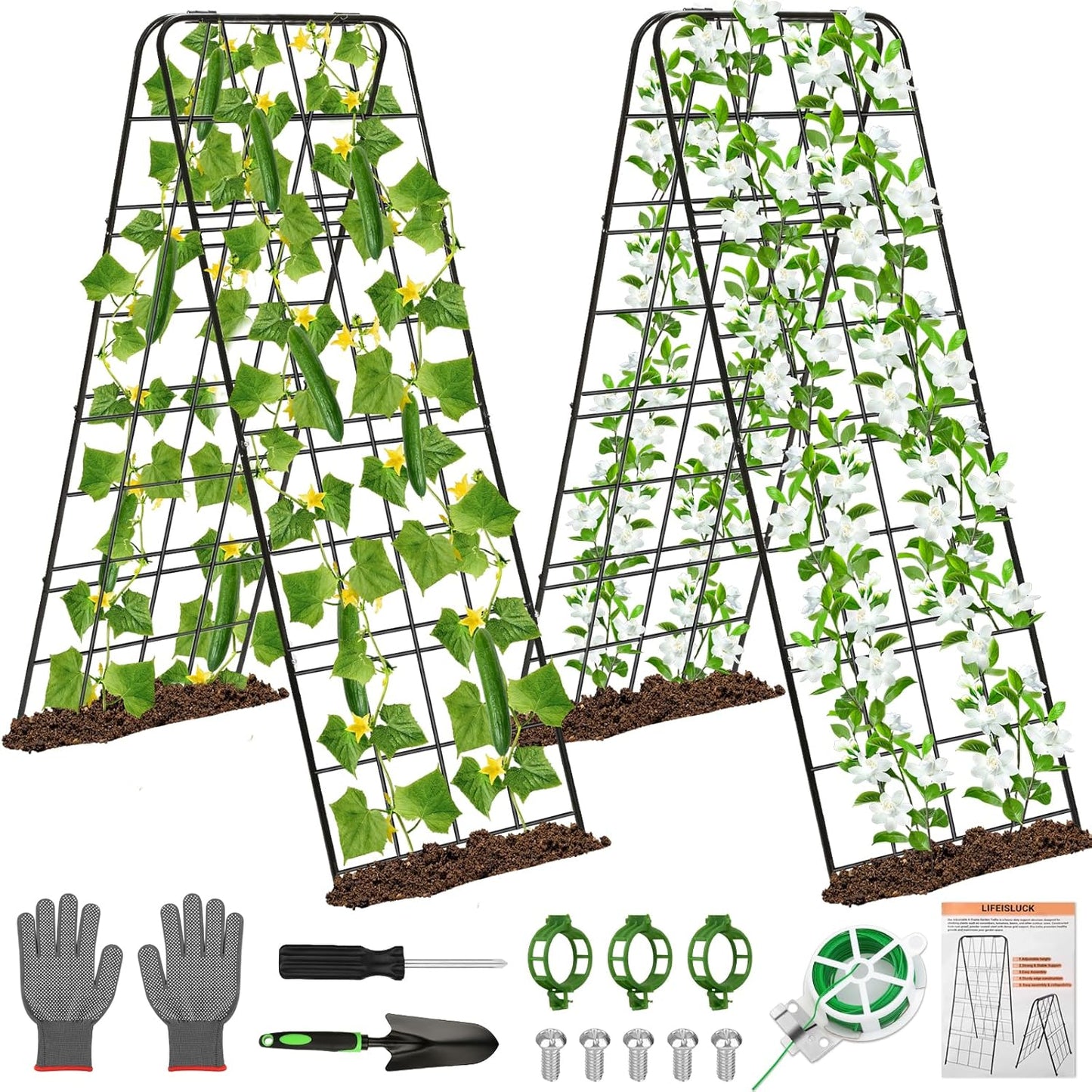 Cucumber Trellis 43.3’’x15.7’’ with Twist Tie and Clips, A-Frame Garden Trellis for Climbing Plants Heavy Duty Metal Plant Support for Cucumber, Grape, Tomato, Pea, Bean, Flower, Raised Bed