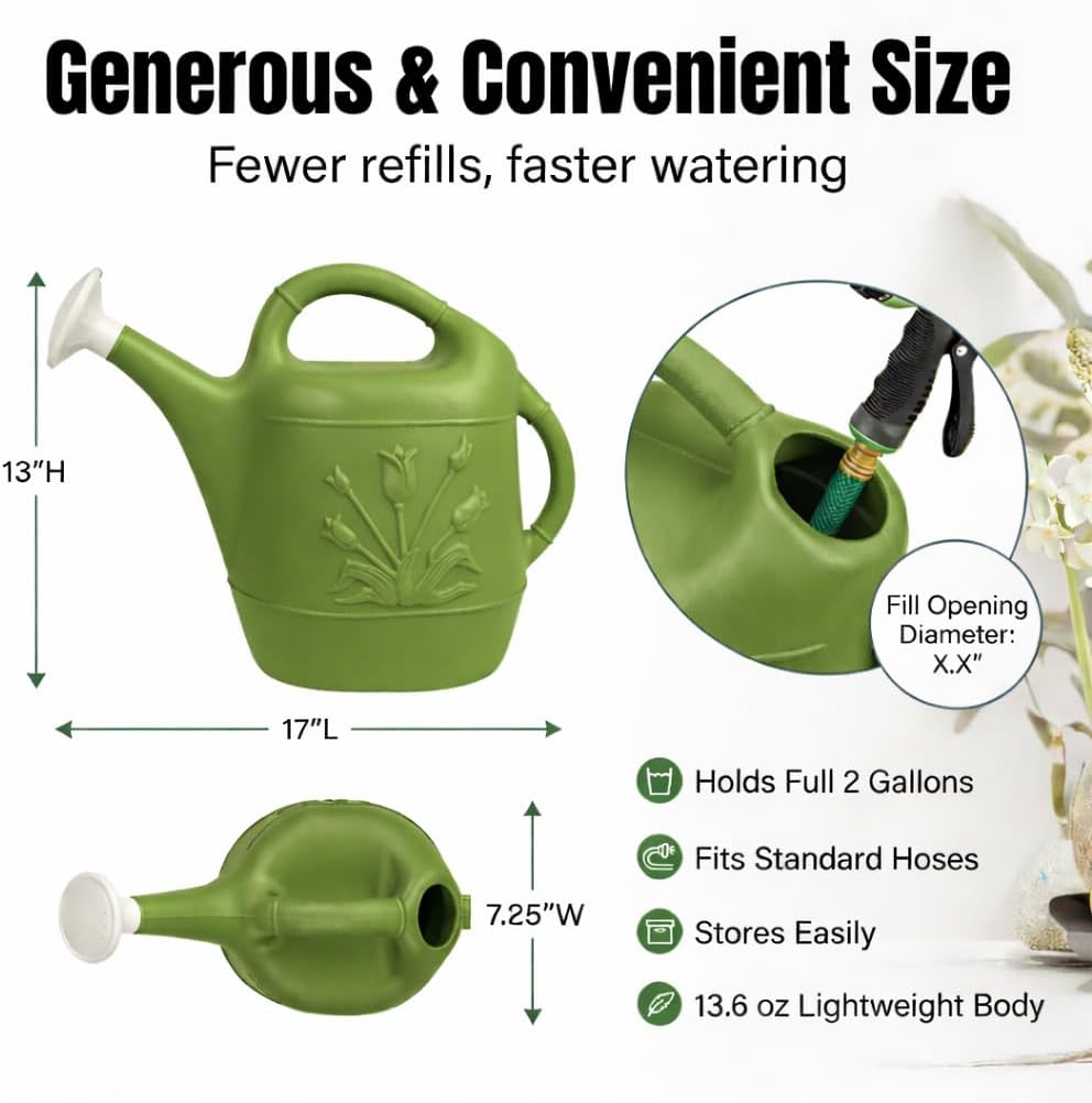 2 Gallon Watering Can - Garden Watering Can for Indoor & Outdoor Plants - Plastic Water Can with Detachable Sprinkler Head - Large Water Pot, Made in USA - Sage Green Pkg/1