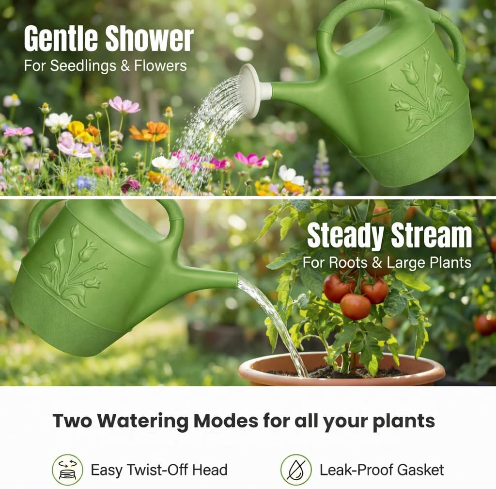 2 Gallon Watering Can - Garden Watering Can for Indoor & Outdoor Plants - Plastic Water Can with Detachable Sprinkler Head - Large Water Pot, Made in USA - Sage Green Pkg/1