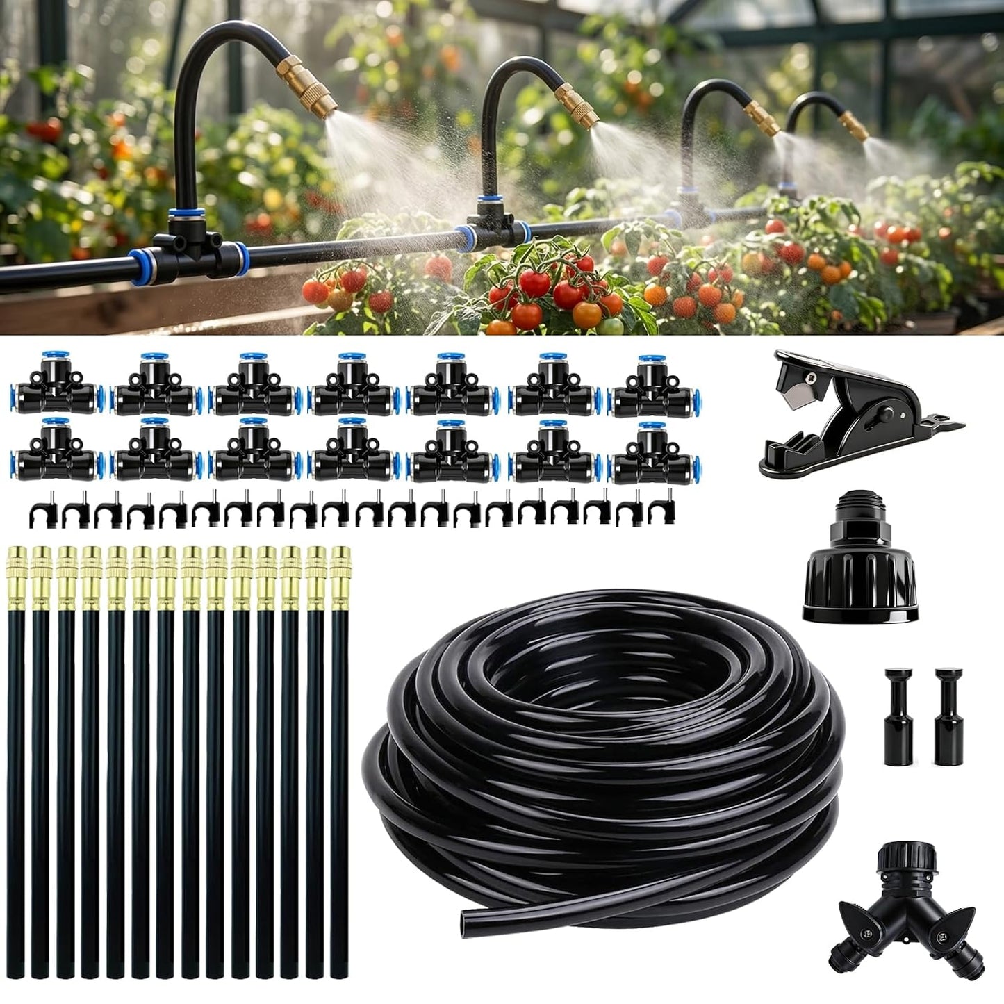 2026-Upgrade 100Ft 1/4" Drip Irrigation System,Garden Watering Kit with 20Pcs 360° Adjustable Copper Nozzles,Automatic Atomizing Sprinkler,DIY for Outdoor,Lawn,Greenhouse,Raised Beds (100FT/20pcs)