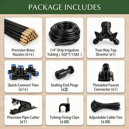 2026-Upgrade 100Ft 1/4" Drip Irrigation System,Garden Watering Kit with 20Pcs 360° Adjustable Copper Nozzles,Automatic Atomizing Sprinkler,DIY for Outdoor,Lawn,Greenhouse,Raised Beds (100FT/20pcs)