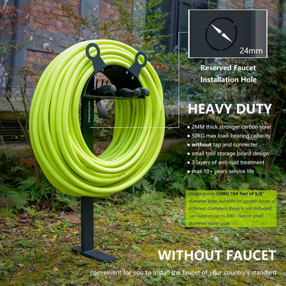 Garden Hose Holder Freestanding for Outside With Tool Storage Heavy Duty 2MM Carbon Steel (Deep Grey, Without Faucet)
