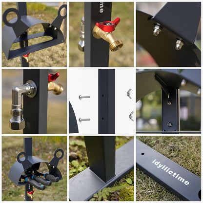 Garden Hose Holder Freestanding for Outside With Tool Storage Heavy Duty 2MM Carbon Steel (Deep Grey, Without Faucet)