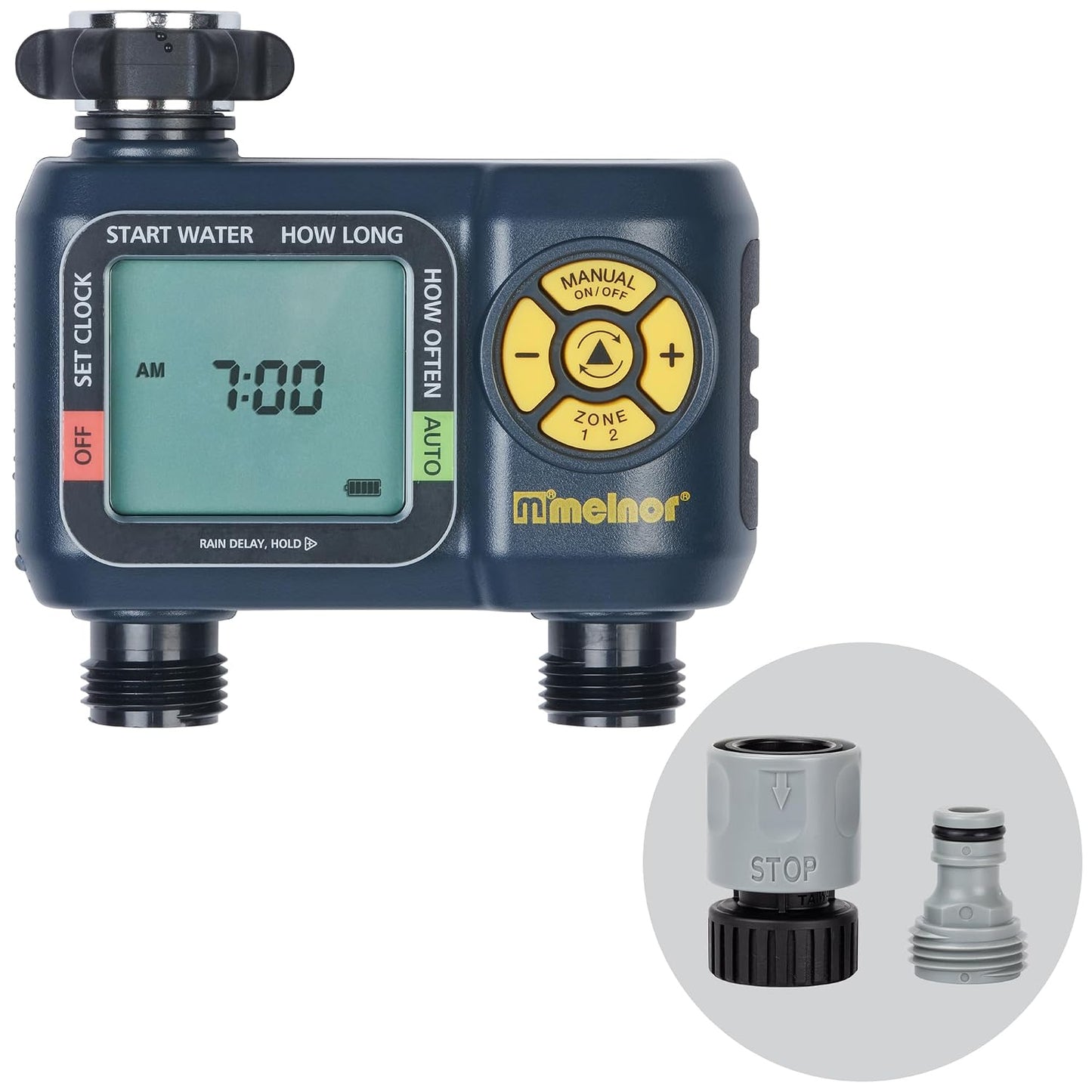 65139AMZ AquaTimer Digital Hose Timer, 2-Zone Programmable Watering Timer, Quick Connect Bundle, Black, Yellow