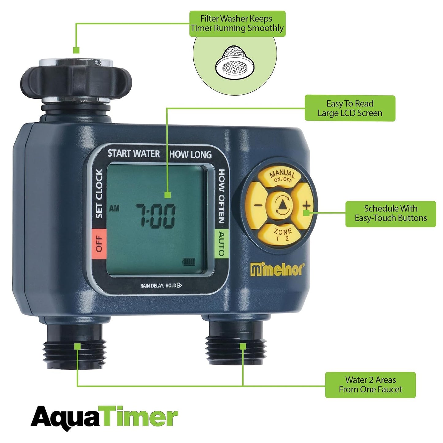 65139AMZ AquaTimer Digital Hose Timer, 2-Zone Programmable Watering Timer, Quick Connect Bundle, Black, Yellow