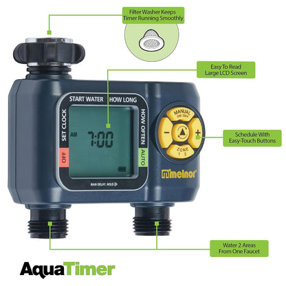 65139AMZ AquaTimer Digital Hose Timer, 2-Zone Programmable Watering Timer, Quick Connect Bundle, Black, Yellow