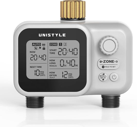 [All-New 2027] 2 Zone Ball Valve Sprinkler Timer Brass Inlet, Low-Pressure Starts at Zero Pressure, Water Timer for Garden Hose, Rain Delay, Manual Control, Automatic Irrigation Hose Timers