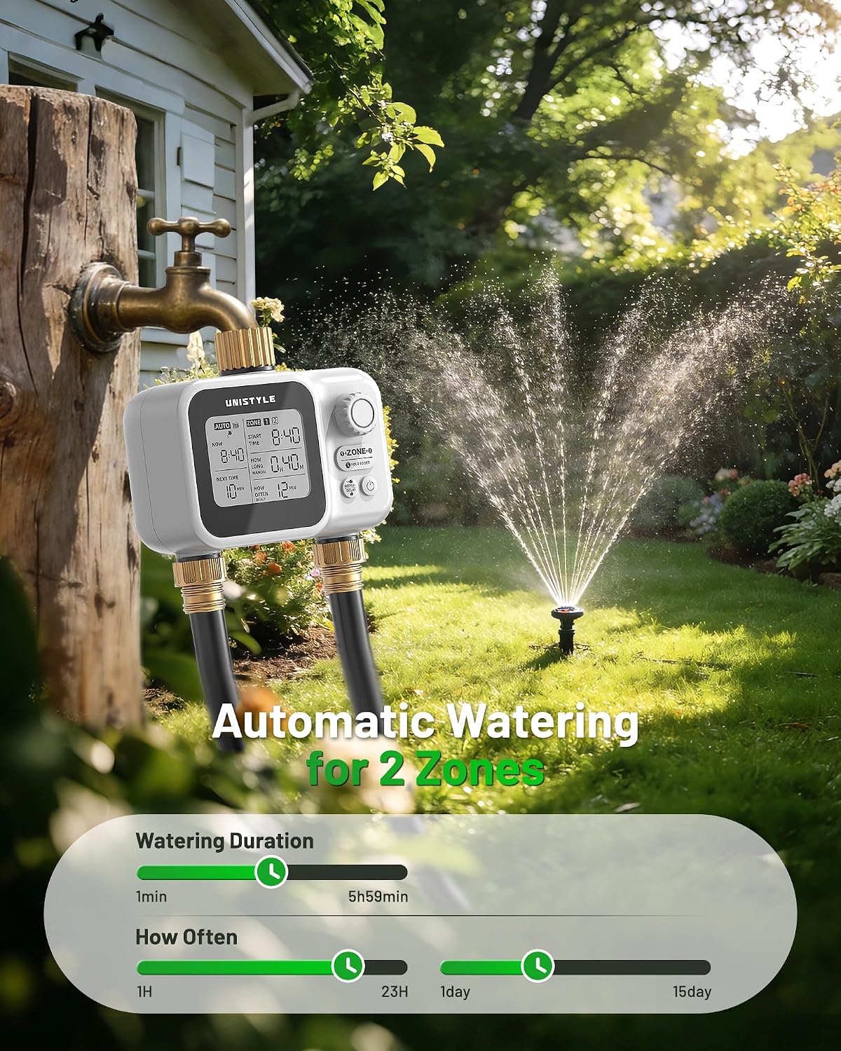 [All-New 2027] 2 Zone Ball Valve Sprinkler Timer Brass Inlet, Low-Pressure Starts at Zero Pressure, Water Timer for Garden Hose, Rain Delay, Manual Control, Automatic Irrigation Hose Timers