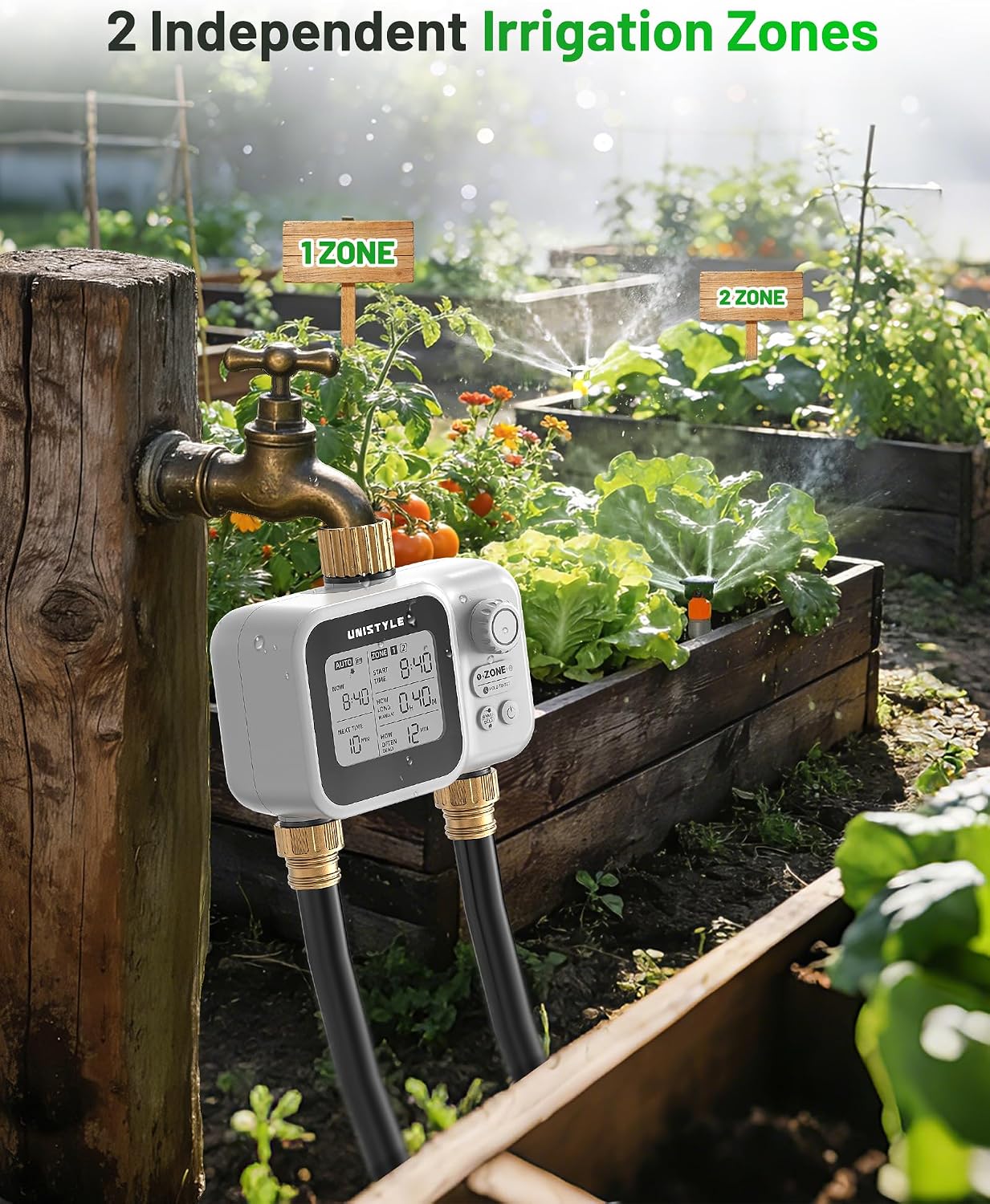 [All-New 2027] 2 Zone Ball Valve Sprinkler Timer Brass Inlet, Low-Pressure Starts at Zero Pressure, Water Timer for Garden Hose, Rain Delay, Manual Control, Automatic Irrigation Hose Timers