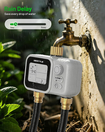[All-New 2027] 2 Zone Ball Valve Sprinkler Timer Brass Inlet, Low-Pressure Starts at Zero Pressure, Water Timer for Garden Hose, Rain Delay, Manual Control, Automatic Irrigation Hose Timers