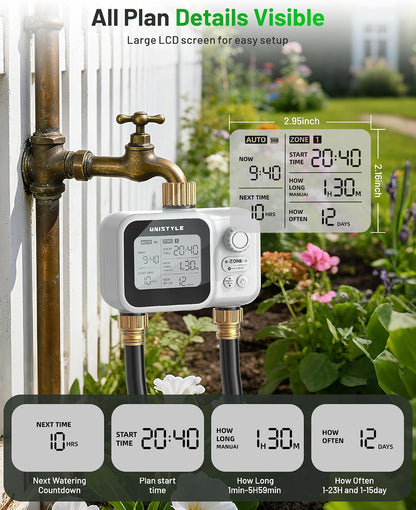 [All-New 2027] 2 Zone Ball Valve Sprinkler Timer Brass Inlet, Low-Pressure Starts at Zero Pressure, Water Timer for Garden Hose, Rain Delay, Manual Control, Automatic Irrigation Hose Timers