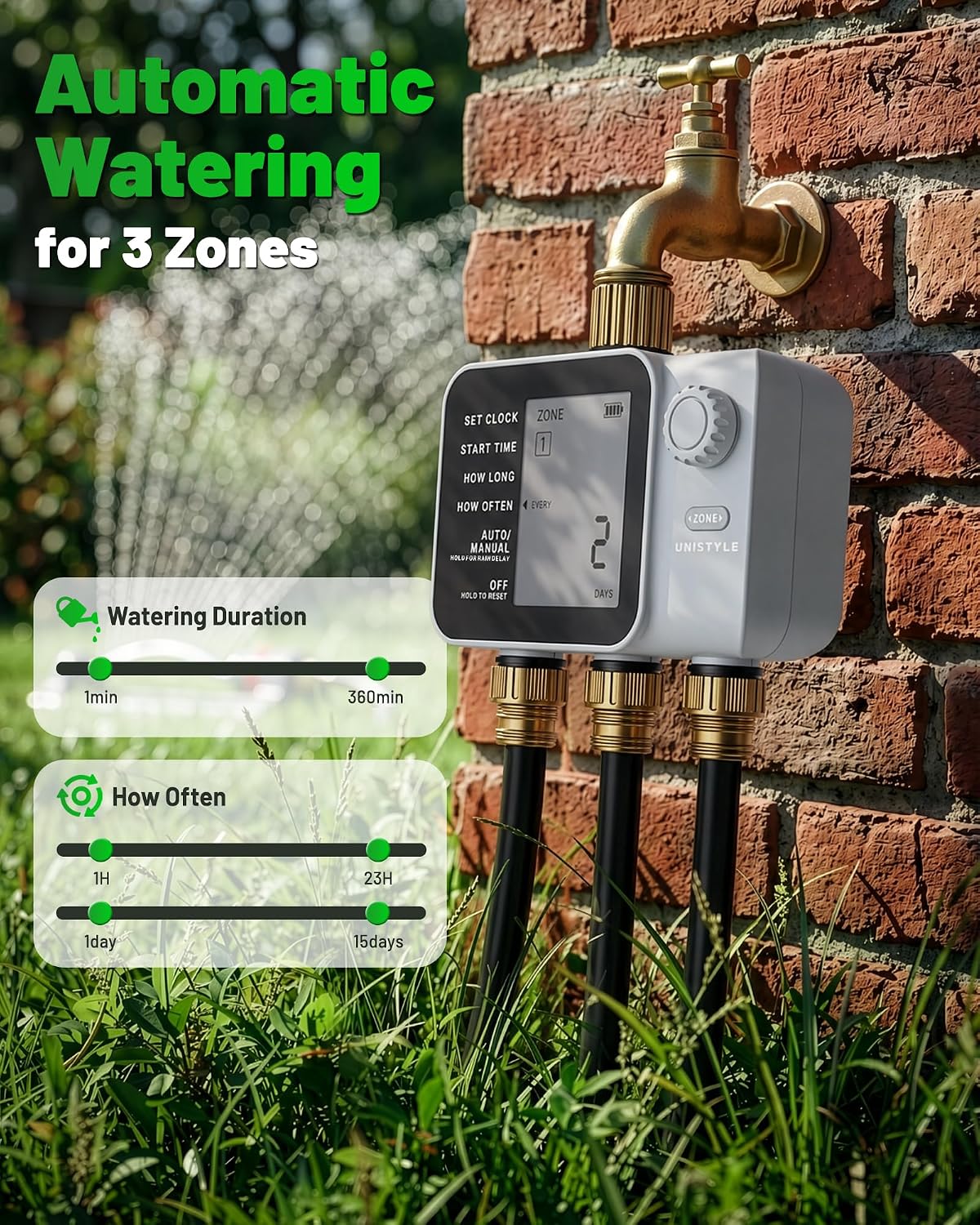 [All-New 2027] 2 Zone Ball Valve Sprinkler Timer Brass Inlet, Low-Pressure Starts at Zero Pressure, Water Timer for Garden Hose, Rain Delay, Manual Control, Automatic Irrigation Hose Timers
