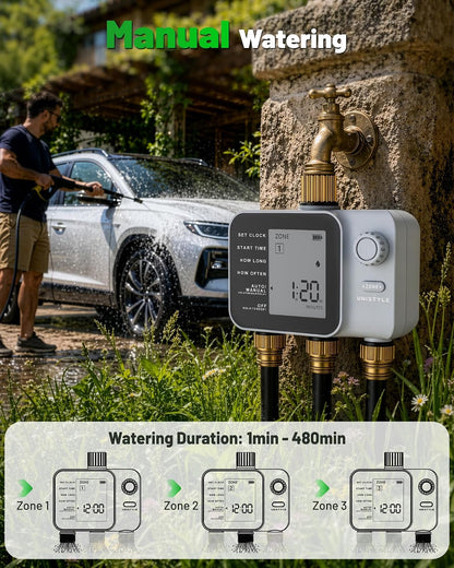 [All-New 2027] 2 Zone Ball Valve Sprinkler Timer Brass Inlet, Low-Pressure Starts at Zero Pressure, Water Timer for Garden Hose, Rain Delay, Manual Control, Automatic Irrigation Hose Timers