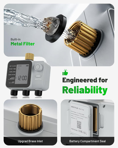 [All-New 2027] 2 Zone Ball Valve Sprinkler Timer Brass Inlet, Low-Pressure Starts at Zero Pressure, Water Timer for Garden Hose, Rain Delay, Manual Control, Automatic Irrigation Hose Timers