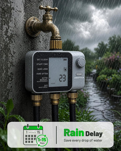 [All-New 2027] 2 Zone Ball Valve Sprinkler Timer Brass Inlet, Low-Pressure Starts at Zero Pressure, Water Timer for Garden Hose, Rain Delay, Manual Control, Automatic Irrigation Hose Timers